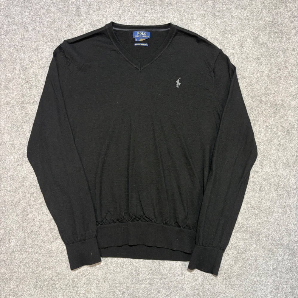 Polo Ralph Lauren Mens V-Neck Sweater Black Washable Merino Wool Large L Pony